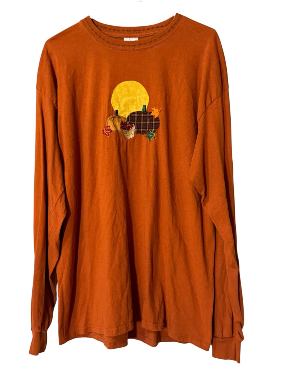 Halloween Fall Embroidered Pumpkin Long Sleeve Shirt Harvest Autumn Cotton Sz XL